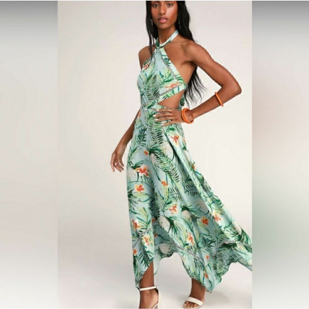 Take 50% OFF- Fashion Nova Halter Neck Palm Prints Dress, Size-L
